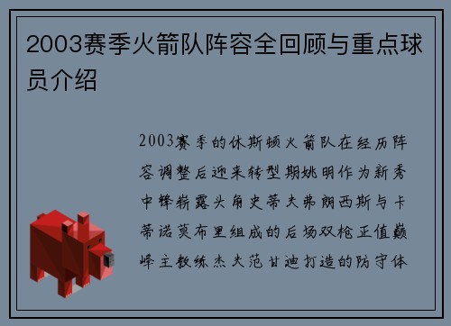 2003赛季火箭队阵容全回顾与重点球员介绍